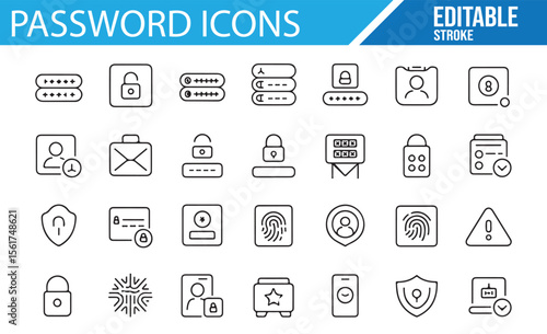 Icons for user authentication, passwords, and cybersecurity in digital platforms.
