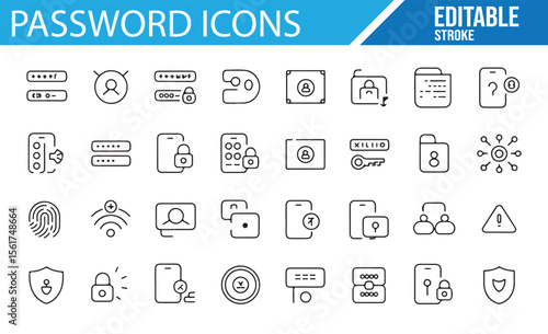 Editable password and security icons for protecting online accounts and data.