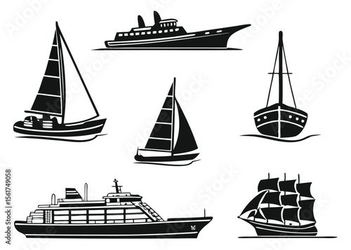 Collection of different boats, ships, and yachts in black silhouette style vector illustration