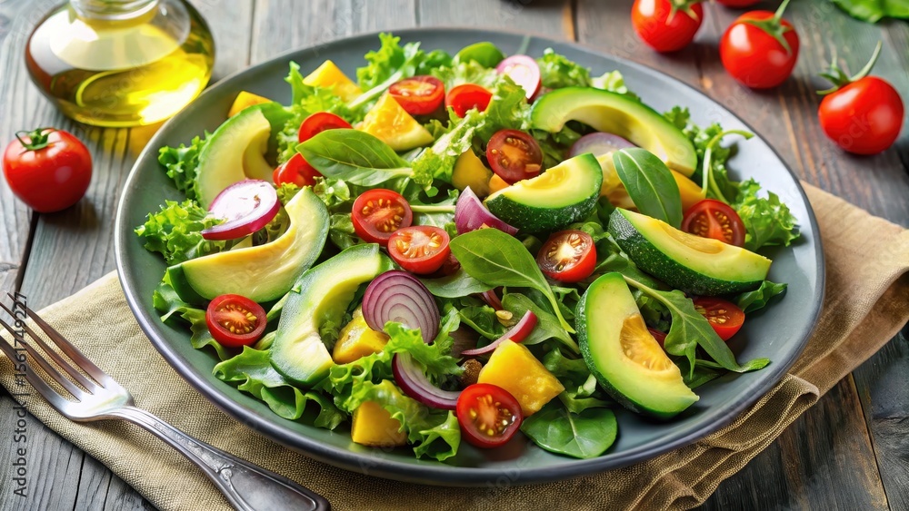 Fresh mixed greens salad with sliced avocado and juicy tomatoes, topped with a citrus vinaigrette dressing, vegetable Fresh mixed greens salad with sliced avocado and juicy tomatoes, topped with a citrus vinaigrette dressing, vegetable