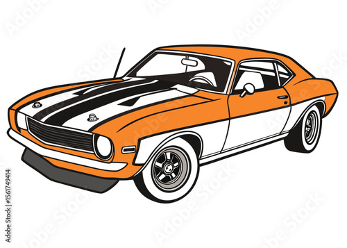 Classic orange muscle car with black stripes automotive design transportation vector illustration