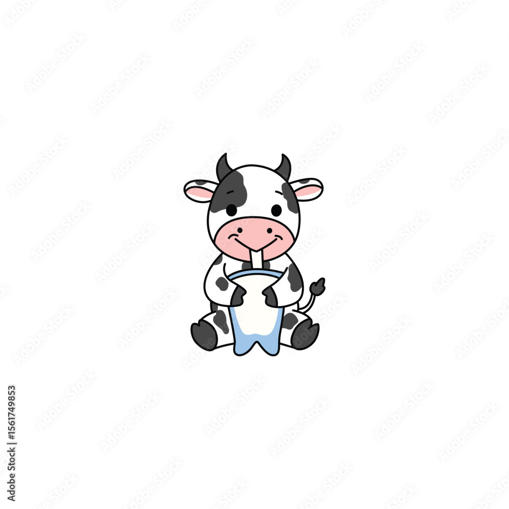Naklejka premium An icon of a cute cartoon calf drinking milk from a bottle, symbolizing nurturing, growth, and the innocence of young farm animals.