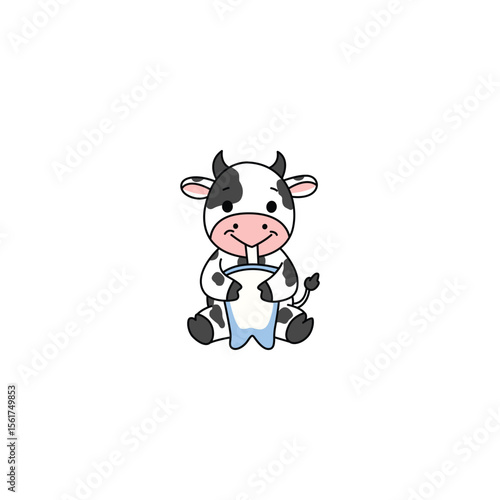 An icon of a cute cartoon calf drinking milk from a bottle, symbolizing nurturing, growth, and the innocence of young farm animals.