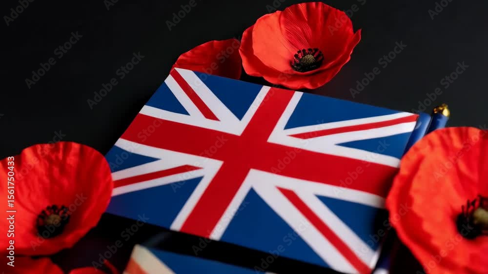 custom made wallpaper toronto digitalRed remembrance poppies scattered among several British flags on dark background