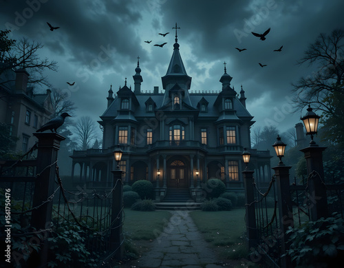 Victorian mansion at dusk with crows gothic architecture