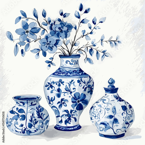 Blue and white ceramic vases with floral arrangements and leaves  
