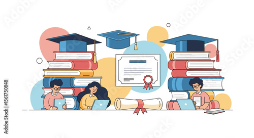 Learning and Education Concepts Represented by Students Books Graduation Caps and Diplomas for Online Courses and Knowledge Acquisition