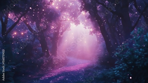 Slow flight along a magical fairytale forest path with mystic light