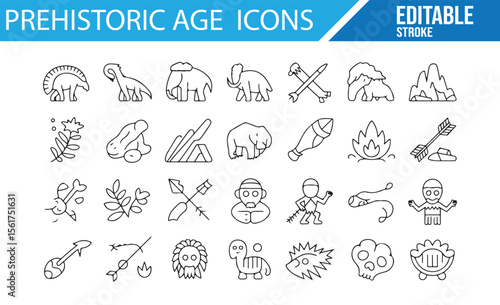 Collection of vector icons for prehistoric animals and early human civilization.