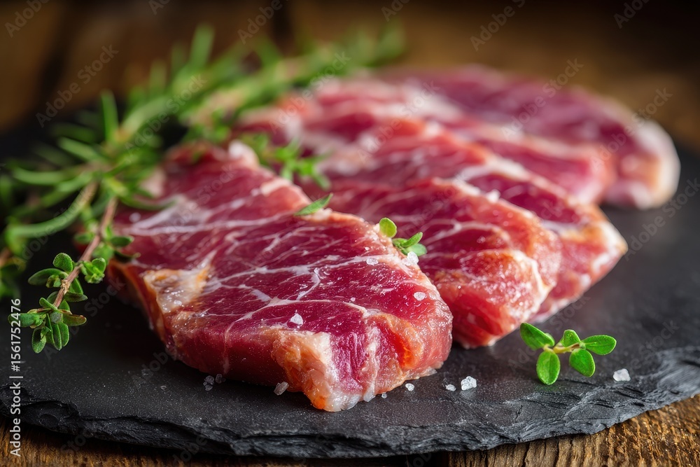 Iberico Pork. Raw Organic Meat from Iberian Pig with Acorn Diet, Closeup View Iberico Pork. Raw Organic Meat from Iberian Pig with Acorn Diet, Closeup View