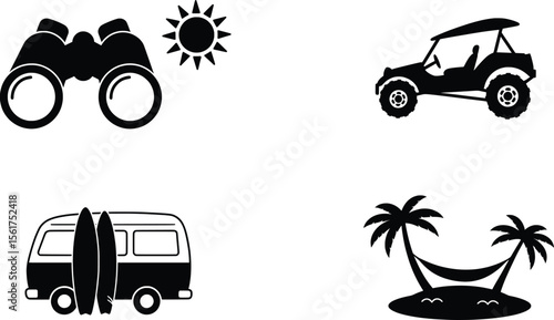 Summer Adventure, Outdoor Activities, Beach, Vector Art, Tropical Environment, Fun Concept with Summer Items