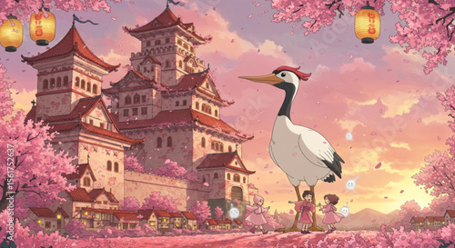 Serene Japanese Castle with Red-Crowned Crane in Blossom