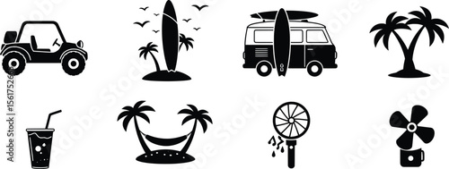 Beach Adventure with Surf Vans, Palm Trees, and Refreshing Drinks in a Tropical Environment