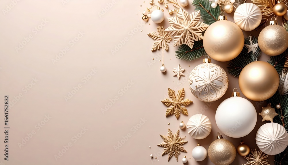Elegant gold and white christmas ornaments with festive decorations holiday season image studio setting top-down view celebratory theme Elegant gold and white christmas ornaments with festive decorations holiday season image studio setting top-down view celebratory theme