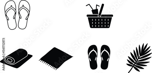 Summer Items Vector Art Featuring Flip Flops, Towels, and Drinks in a Tropical Setting