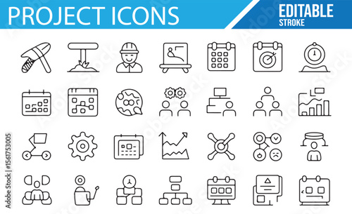 Editable project-related vector icons for business and office use.