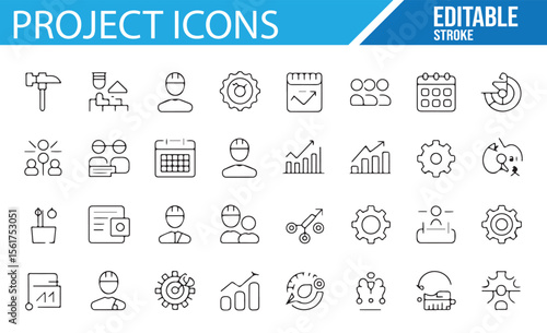 Set of editable vector icons for project management and business tasks.