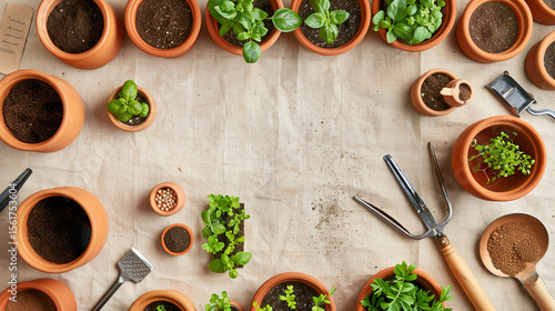 Wallpaper Mural Spring Planting Flatlay with Terracotta Pots and Seedlings in Circular Arrangement Torontodigital.ca