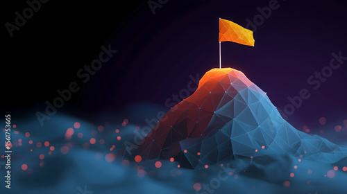 A low-poly digital mountain with an orange flag on top, glowing against a dark background with scattered particles.