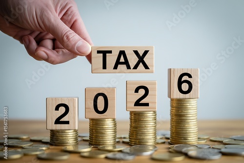 Hand placing tax block on stacked coins representing year 2026 financial planning