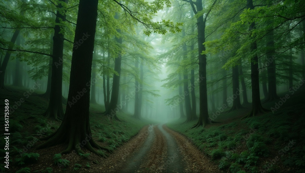 Fototapeta premium Foggy Forest Path Lined with Towering Green Trees Under Mysterious Atmosphere