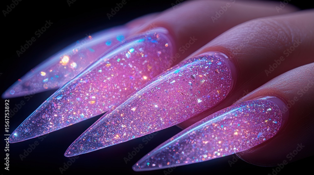 Obraz premium Close-up of long, pointed nails with pink glitter