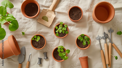 Wallpaper Mural Seed Starting Flatlay with Terracotta Pots and Gardening Tools Torontodigital.ca