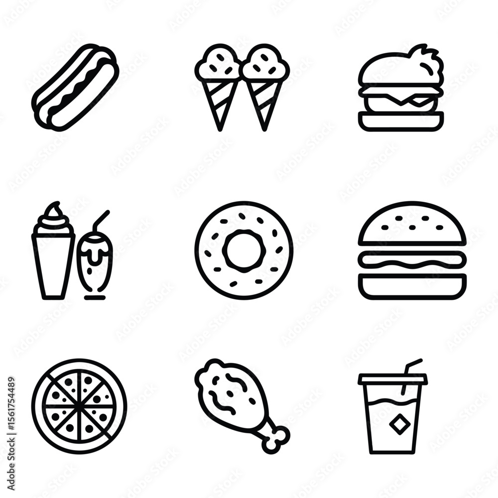 Collection of delicious fast food icons including burger hotdog pizza and roast chicken Collection of delicious fast food icons including burger hotdog pizza and roast chicken