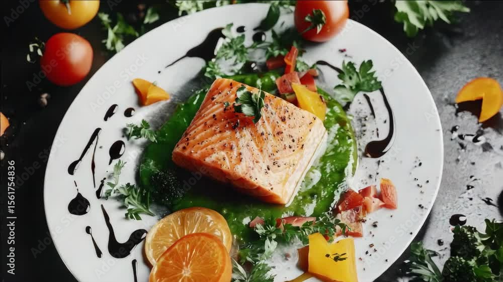 Salmon with herbs and citrus served on a white plate. Vibrant food graphy for culinary content. Salmon with herbs and citrus served on a white plate. Vibrant food graphy for culinary content.