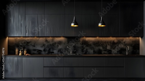 Sleek and Sophisticated Black Wooden Kitchen with Pendant Lighting Mockup