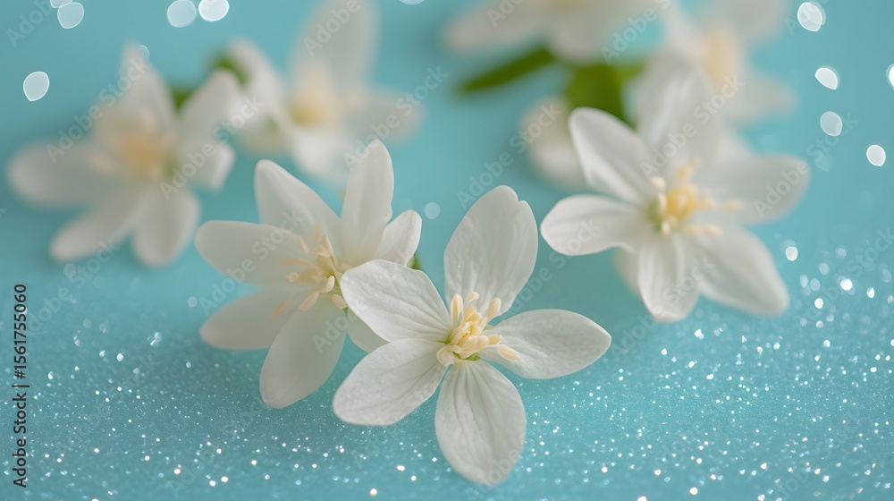 Naklejka premium Delicate White Flowers on Sparkling Turquoise Glitter