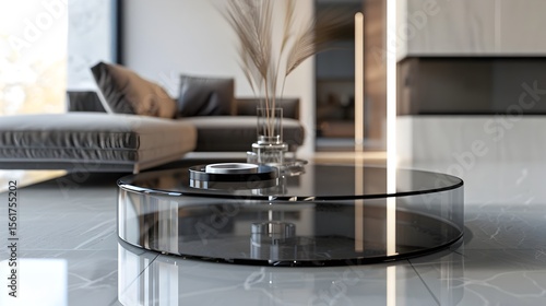Sleek Glass Cocktail Table in Minimalist Lounge Setting,3D Rendered Home Mockup