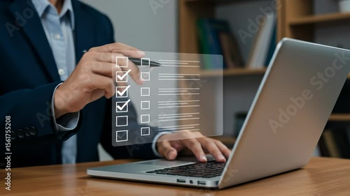 Online Checklist: Business Man Completing Digital Survey on Laptop - Compliance, Productivity