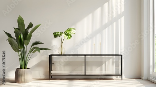 Sleek Glass Sideboard in Minimalist Home Decor 3D Render