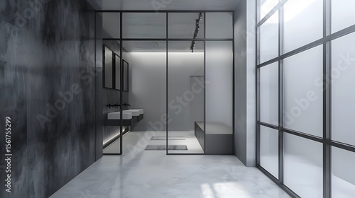 Sleek Minimalist Bathroom with Steel and Glass Shower,Modern Home Decor 3D Render