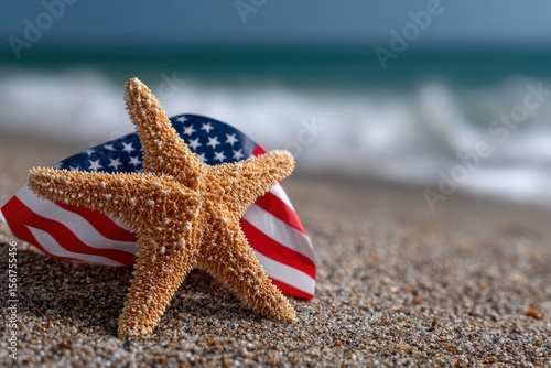 Starfish atop an American flag on a sandy beach with waves in the blurred background