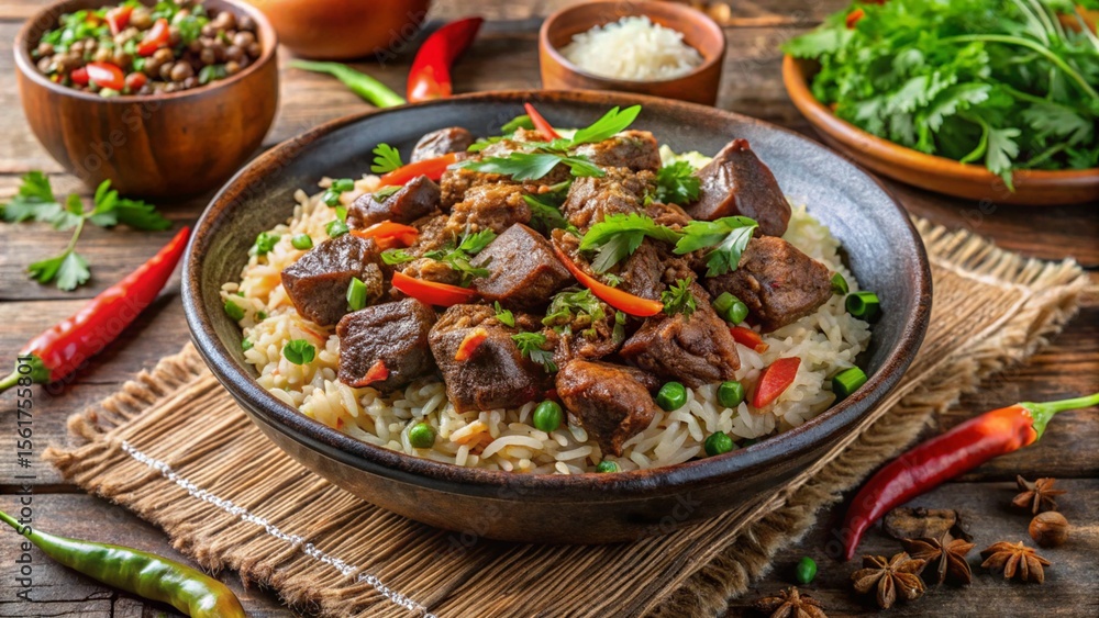 Mizoram chhum han — rice and meat stew with herbs and vegetables Mizoram chhum han — rice and meat stew with herbs and vegetables