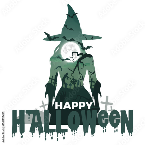 Halloween witch with double exposure effect design