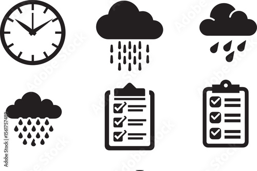 Clock Weather and Checklist Icon Set Vector Line Solid Rain Time To do