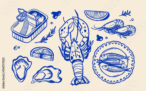 Vector illustration of mediterranean seafood in dolce vita style, sardines, shrimps, oysters, lobster, lemon, canned fish, plate, herbs, blue line art on beige background