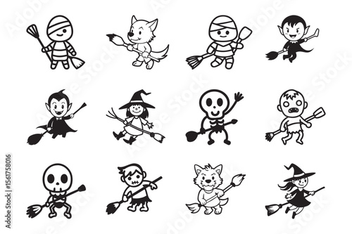Charming hand drawn halloween cartoon characters with broomsticks on white background
