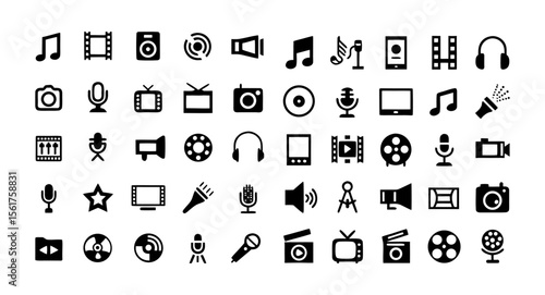 Content Outline Icon Set – Editable Stroke Vector with Music, Camera, Microphone, Webcam, Earphones, Cinema, Television, and Multimedia Symbols