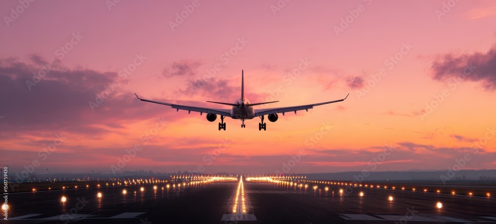 The majestic airplane landing during a vibrant sunset over the runway The majestic airplane landing during a vibrant sunset over the runway