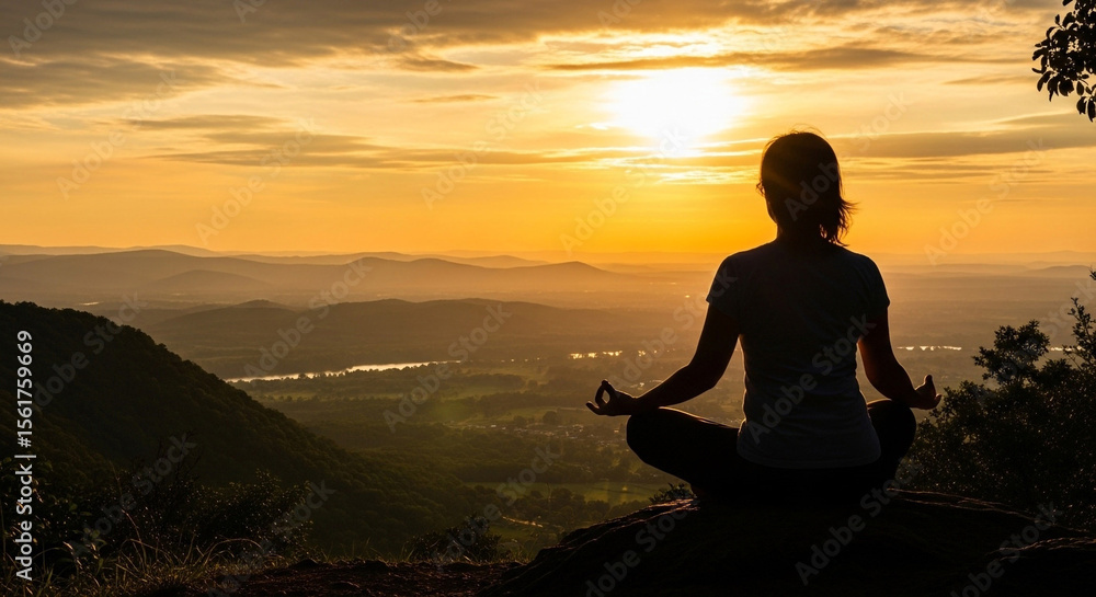 Fototapeta premium Silhouette of woman meditating in lotus position at sunset overlooking mountains and valley landscape
