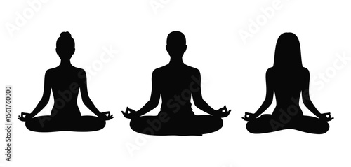 Silhouette of three people meditating in lotus position