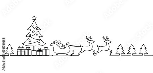 Santa Claus and Reindeer One Line Drawing Illustration