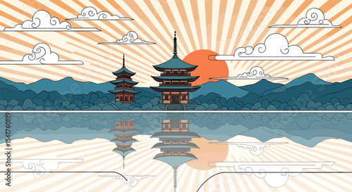 Serene Pagoda Landscape Reflected in Calm Water Under a Rising Sun