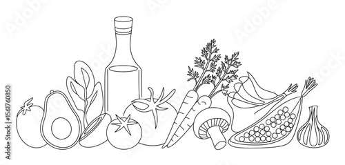 Line Art Illustration of Various Fruits and Vegetables
