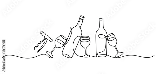 Wine Bottle and Glasses One Line Drawing