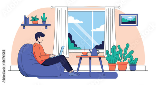 Man Working on Laptop While Relaxing on Beanbag Chair in Cozy Room with Large Window and Plants